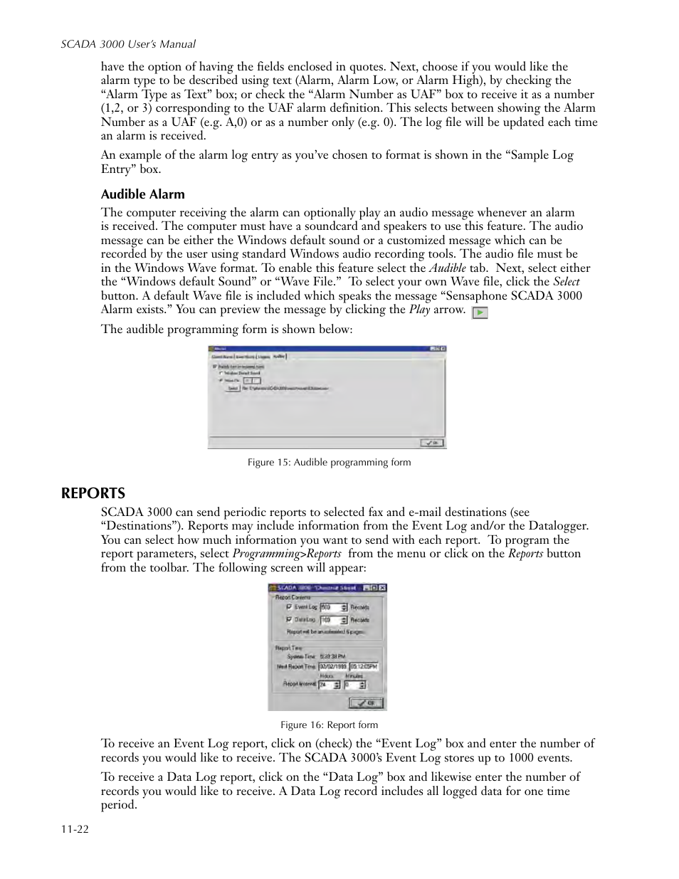 Audible alarm, Reports, Audible alarm -22 | Reports -22 | Sensaphone SCADA 3000 Users manual User Manual | Page 104 / 318