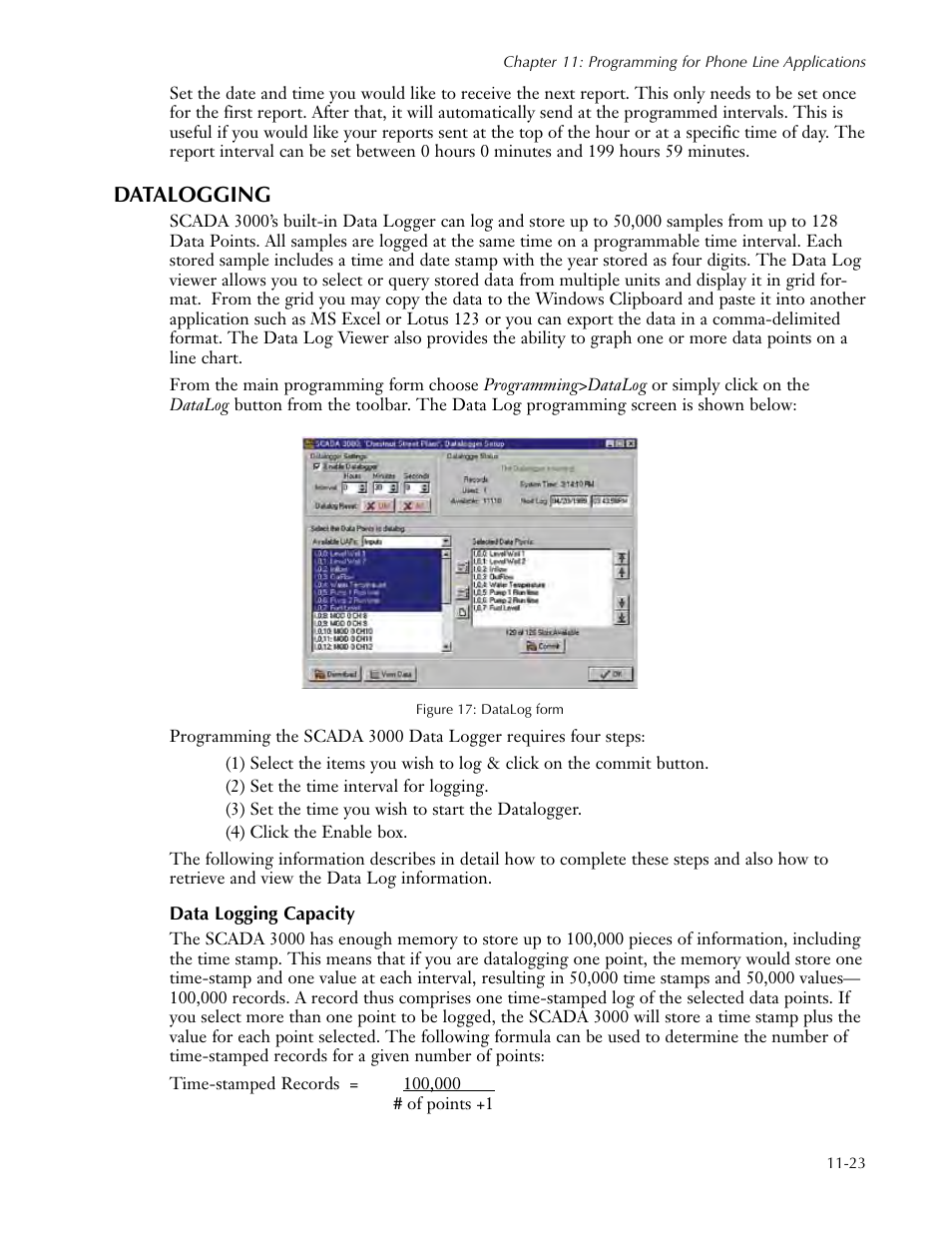 Datalogging, Data logging capacity, Datalogging -23 | Data logging capacity -23 | Sensaphone SCADA 3000 Users manual User Manual | Page 105 / 318