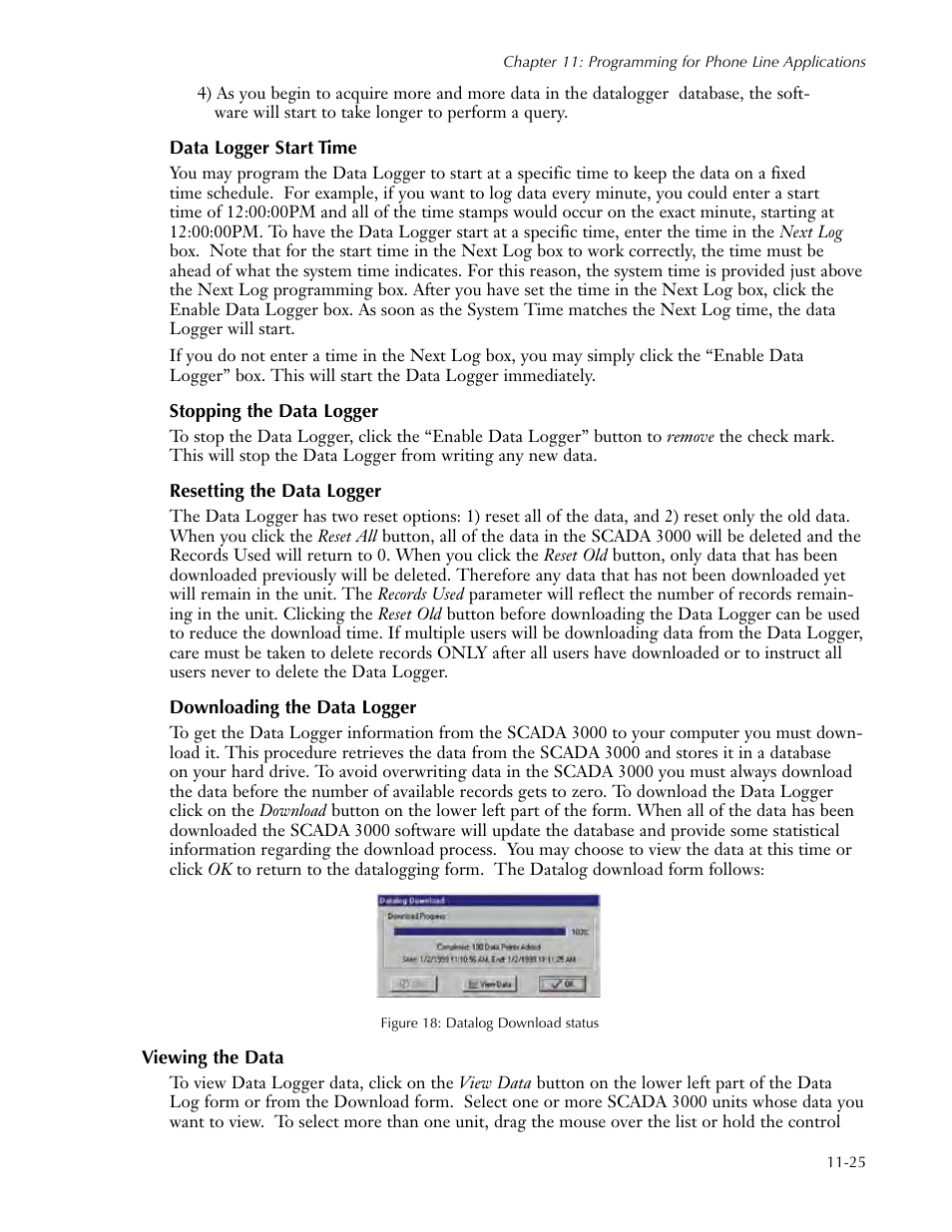 Data logger start time, Stopping the data logger, Resetting the data logger | Downloading the data logger, Viewing the data, Viewing the data -25 | Sensaphone SCADA 3000 Users manual User Manual | Page 107 / 318