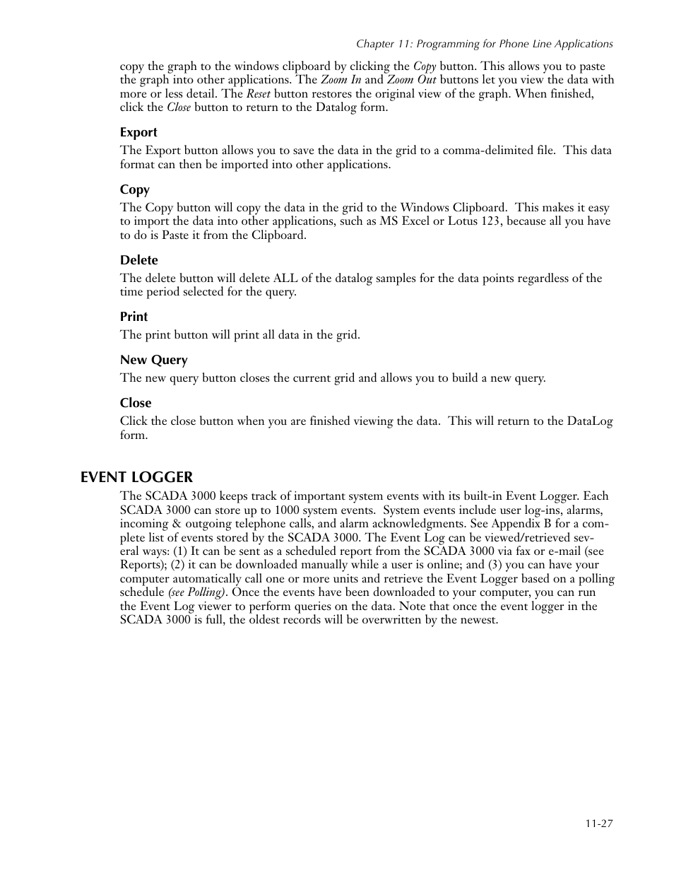 Export, Copy, Delete | Print, New query, Close, Event logger, Downloading the event logger, Event logger -27, Downloading the event logger -27 | Sensaphone SCADA 3000 Users manual User Manual | Page 109 / 318