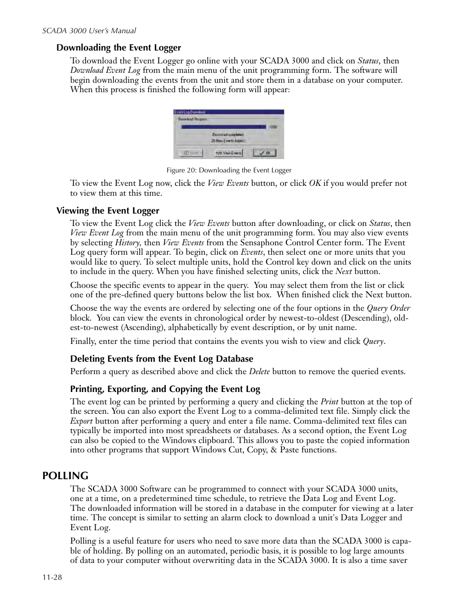 Viewing the event logger, Deleting events from the event log database, Printing, exporting, and copying the event log | Polling, Setting up a polling schedule, Viewing the event logger -28, Polling -28, Setting up a polling schedule -28 | Sensaphone SCADA 3000 Users manual User Manual | Page 110 / 318