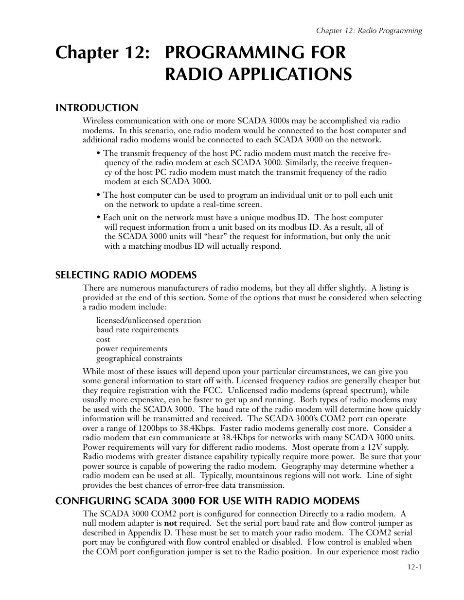 Chapter 12: programming for, Radio applications, Introduction | Selecting radio modems, Configuring scada 3000 for use with radio modems, Chapter 12: programming for radio applications -1, Chapter 12: programming for radio applications | Sensaphone SCADA 3000 Users manual User Manual | Page 113 / 318