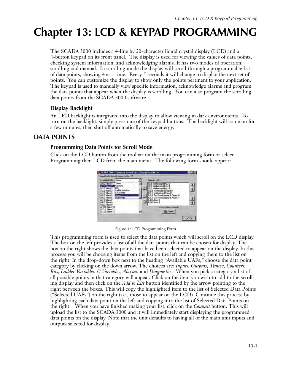 Chapter 13: lcd & keypad programming, Display backlight, Data points | Programming data points for scroll mode, Chapter 13: lcd & keypad programming -1, Display backlight -1, Data points -1, Programming data points for scroll mode -1 | Sensaphone SCADA 3000 Users manual User Manual | Page 119 / 318