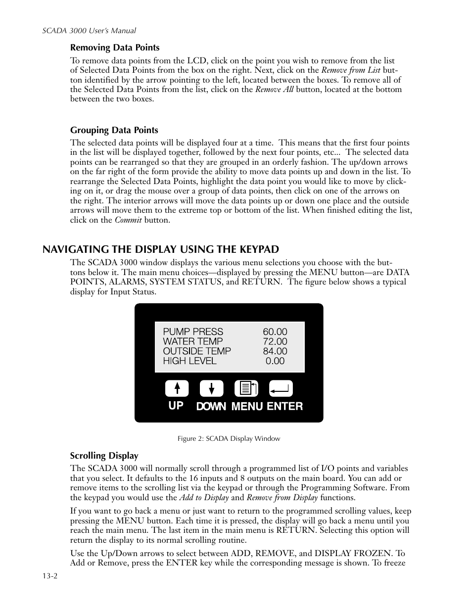 Removing data points, Grouping data points, Navigating the display using the keypad | Scrolling display, Removing data points -2 grouping data points -2, Navigating the display using the keypad -2, Scrolling display -2 | Sensaphone SCADA 3000 Users manual User Manual | Page 120 / 318