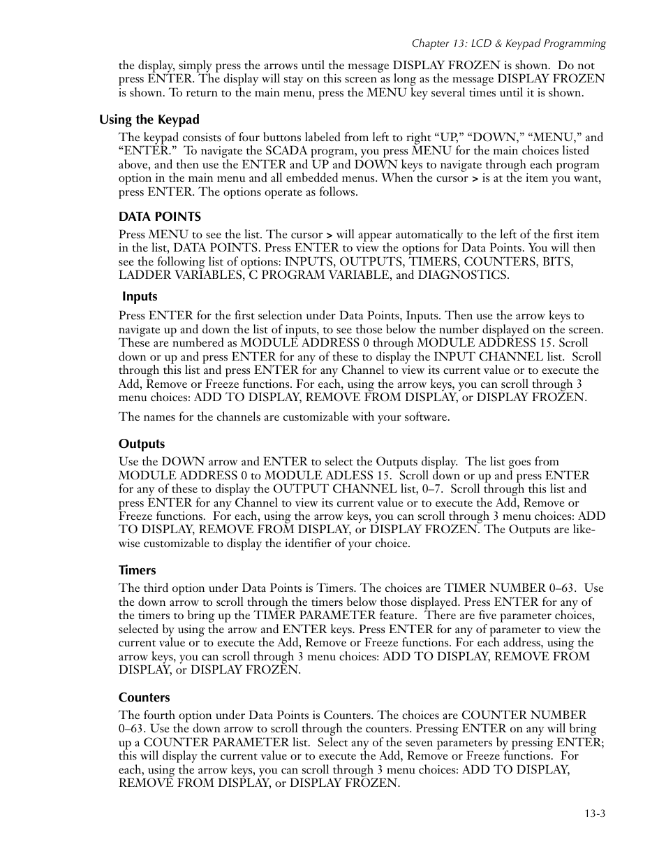 Using the keypad, Data points, Outputs | Timers, Counters, Using the keypad -3, Data points -3 outputs -3 timers -3 counters -3 | Sensaphone SCADA 3000 Users manual User Manual | Page 121 / 318