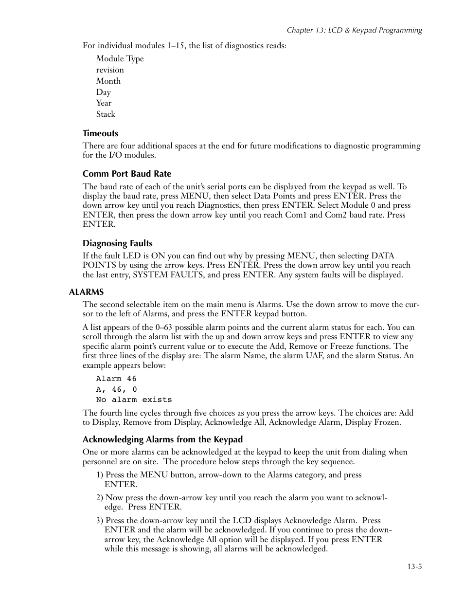 Timeouts, Comm port baud rate, Diagnosing faults | Alarms, Acknowledging alarms from the keypad, Alarms -5, Acknowledging alarms from the keypad -5 | Sensaphone SCADA 3000 Users manual User Manual | Page 123 / 318