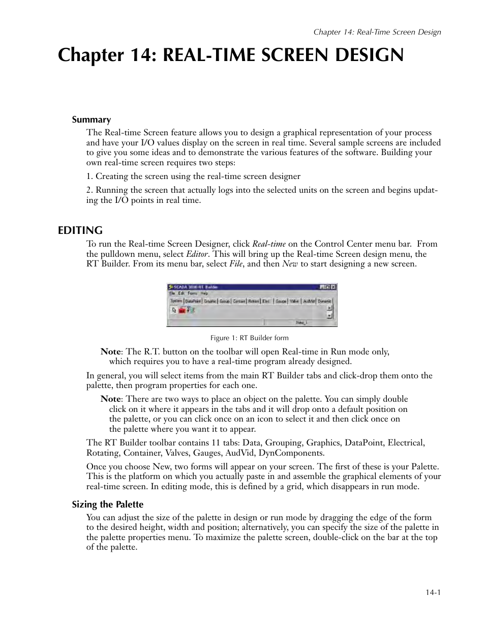 Chapter 14: real-time screen design, Summary, Editing | Sizing the palette, Chapter 14: real-time screen design -1, Summary -1, Editing -1, Sizing the palette -1 | Sensaphone SCADA 3000 Users manual User Manual | Page 125 / 318