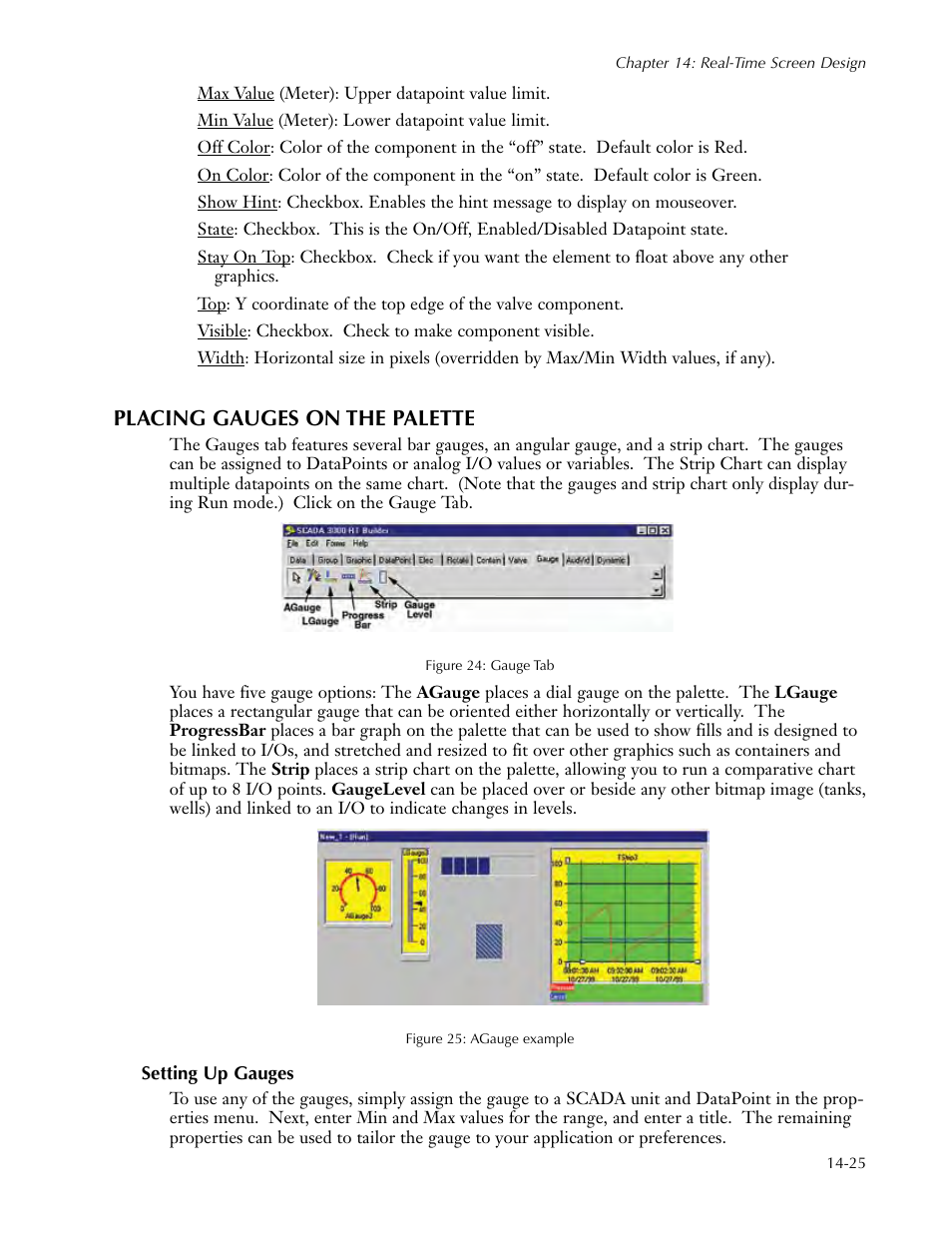 Placing gauges on the palette, Setting up gauges, Placing gauges on the palette -25 | Setting up gauges -25 | Sensaphone SCADA 3000 Users manual User Manual | Page 149 / 318