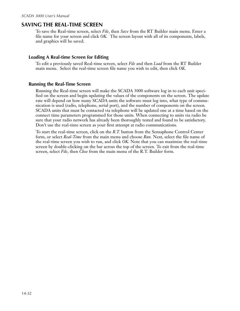 Saving the real-time screen, Loading a real-time screen for editing, Running the real-time screen | Saving the real-time screen -32 | Sensaphone SCADA 3000 Users manual User Manual | Page 156 / 318