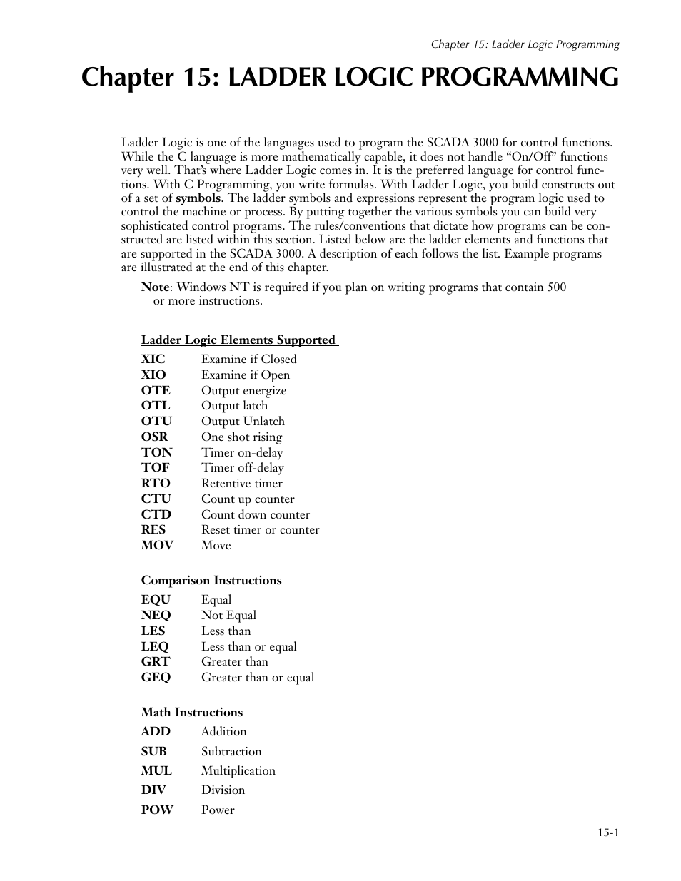 Chapter 15: ladder logic programming, Chapter 15: ladder logic programming -1 | Sensaphone SCADA 3000 Users manual User Manual | Page 157 / 318