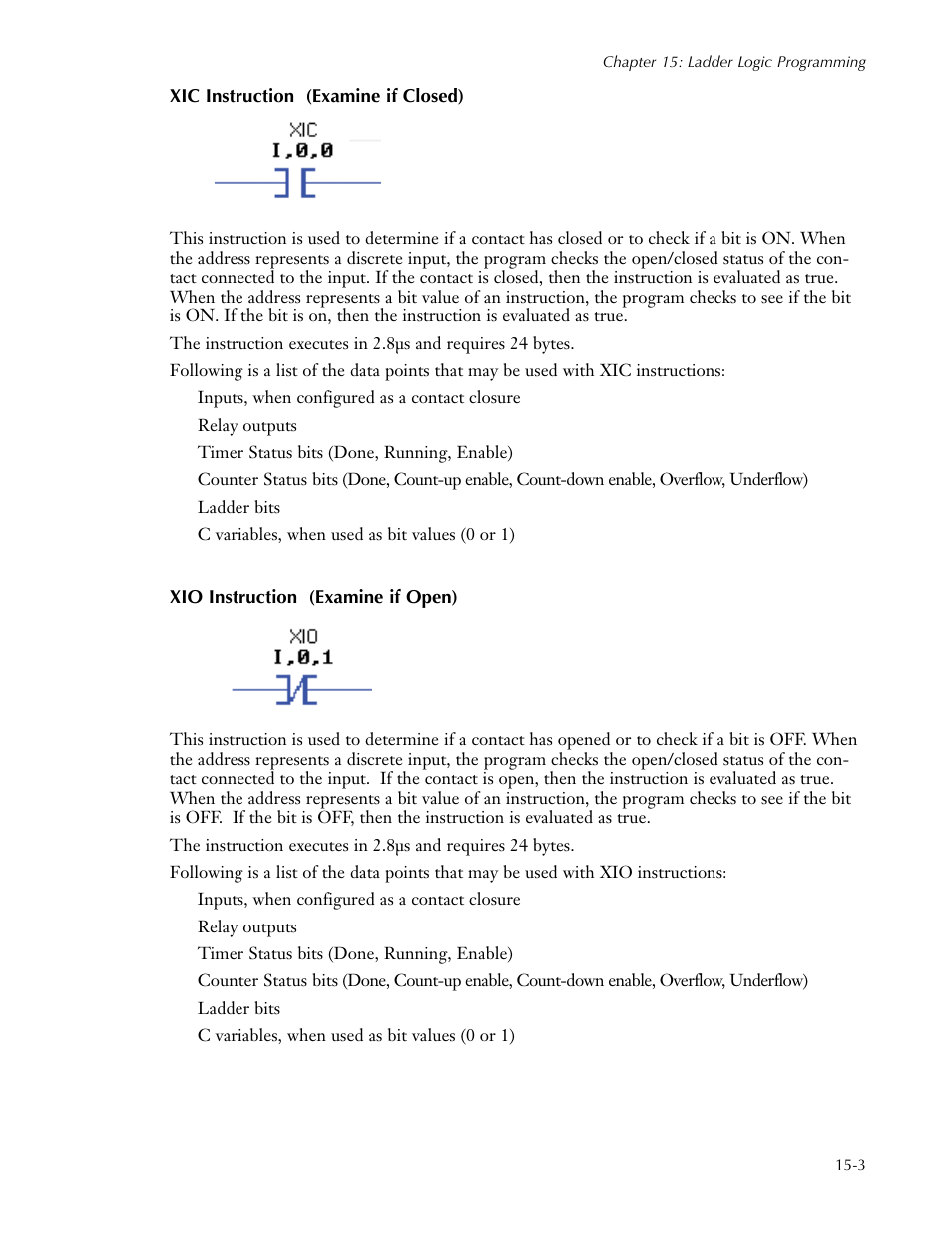 Xic instruction (examine if closed), Xio instruction (examine if open) | Sensaphone SCADA 3000 Users manual User Manual | Page 159 / 318