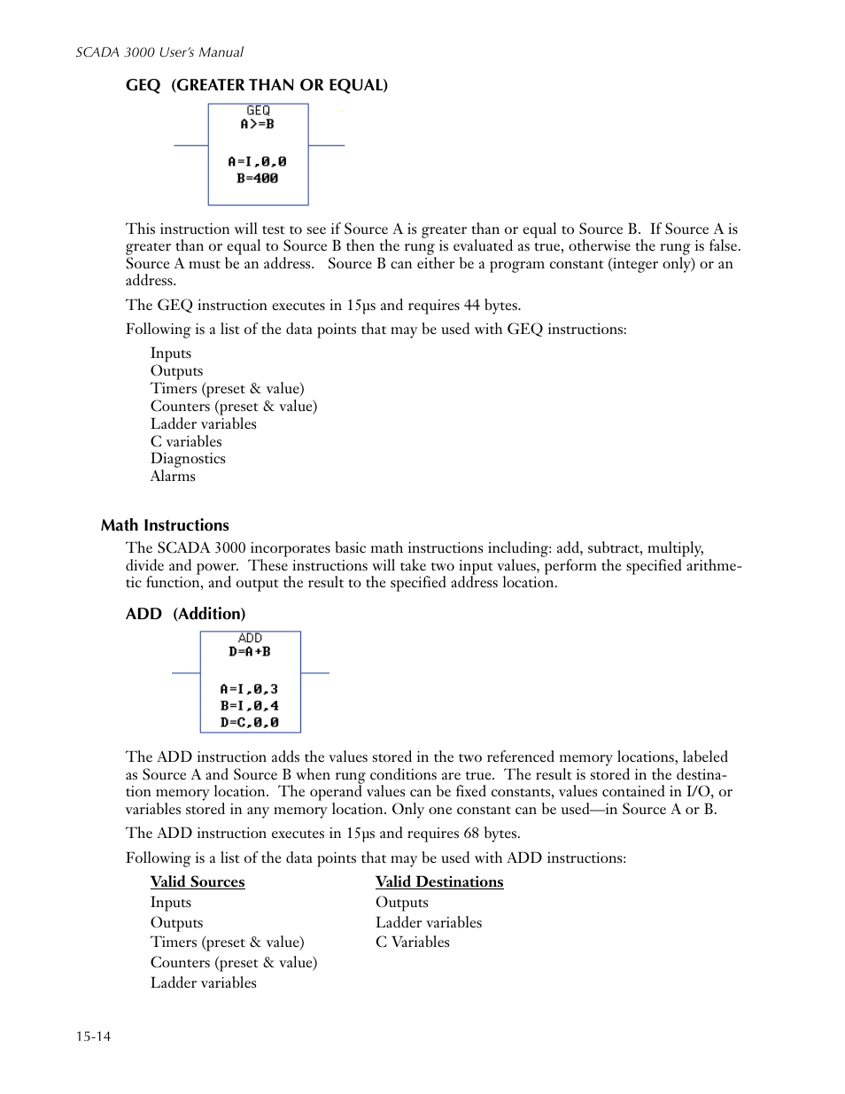 Geq (greater than or equal), Math instructions, Add (addition) | Geq (greater than or equal) -14, Math instructions -14, Add (addition) -14 | Sensaphone SCADA 3000 Users manual User Manual | Page 170 / 318