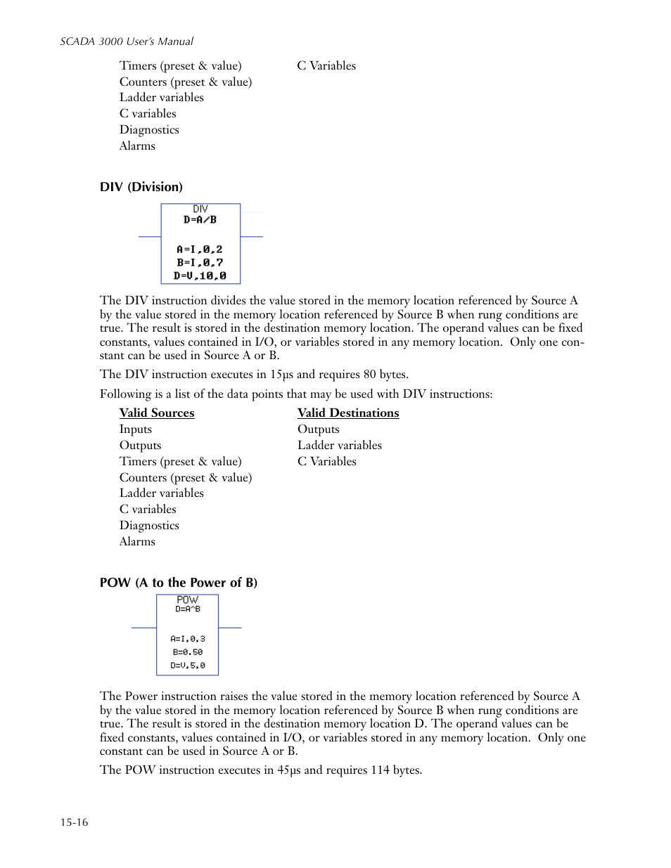 Div (division), Pow (a to the power of b), Div (division) -16 pow (a to the power of b) -16 | Sensaphone SCADA 3000 Users manual User Manual | Page 172 / 318