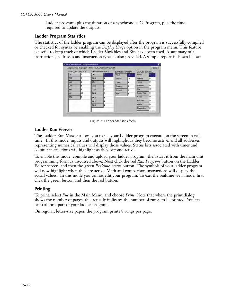 Ladder program statistics, Ladder run viewer, Printing | Sensaphone SCADA 3000 Users manual User Manual | Page 178 / 318