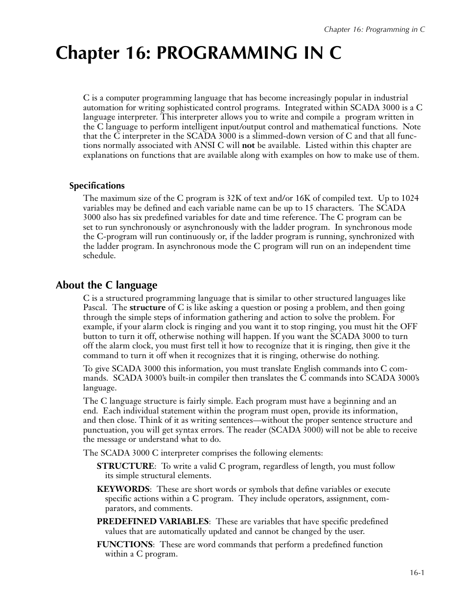 Chapter 16: programming in c, Specifications, About the c language | Chapter 16: programming in c -1, Specifications -1, About the c language -1 | Sensaphone SCADA 3000 Users manual User Manual | Page 187 / 318