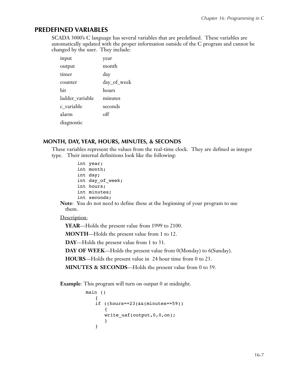 Predefined variables, Month, day, year, hours, minutes, & seconds, Predefined variables -7 | Month, day, year, hours, minutes, & seconds -7 | Sensaphone SCADA 3000 Users manual User Manual | Page 193 / 318