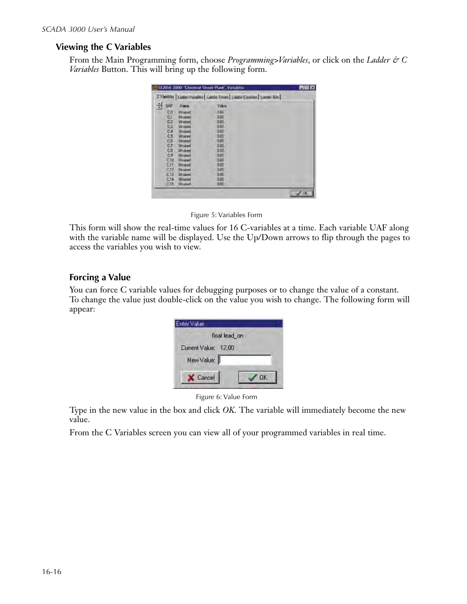 Viewing the c variables, Forcing a value, Viewing the c variables -16 | Forcing a value -16 | Sensaphone SCADA 3000 Users manual User Manual | Page 202 / 318