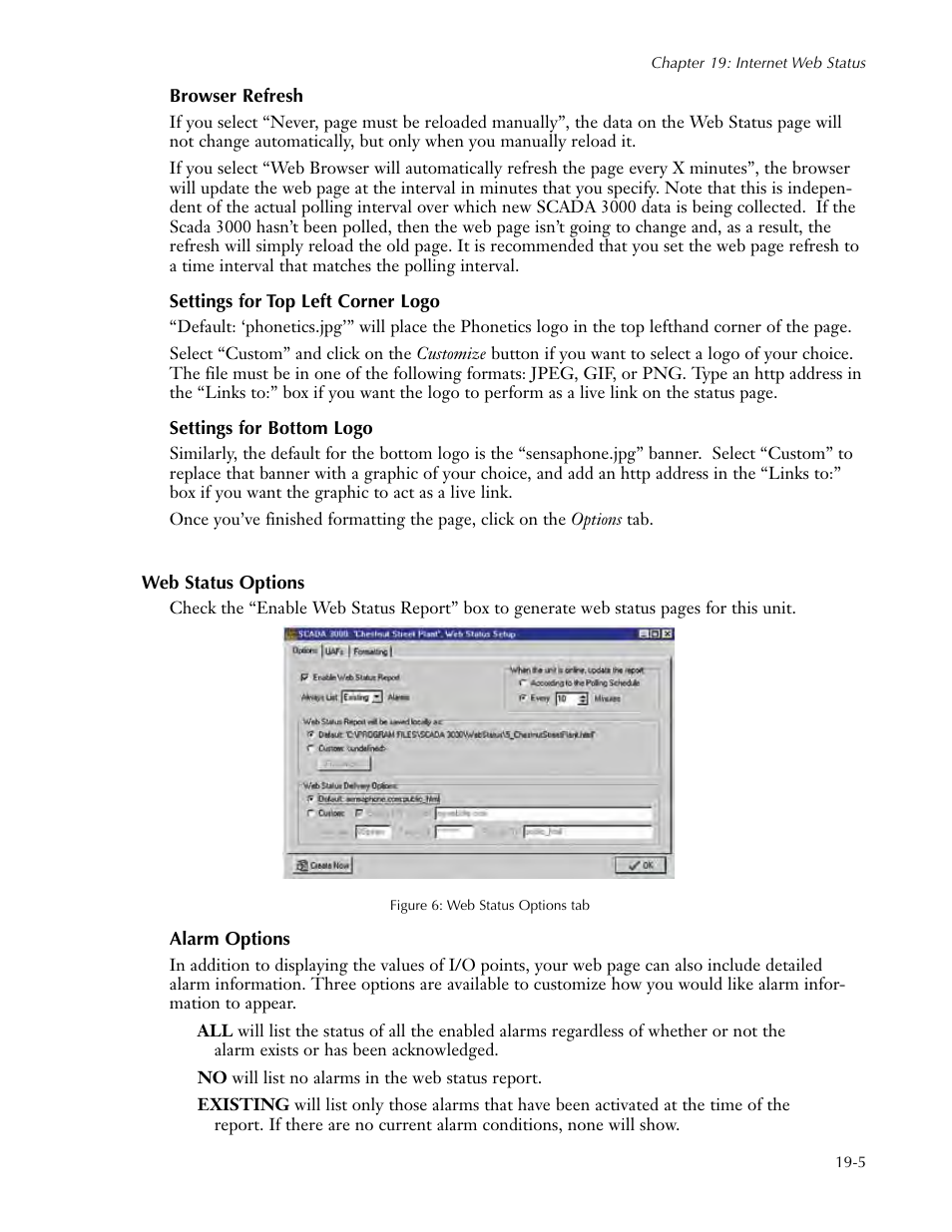 Browser refresh, Settings for top left corner logo, Settings for bottom logo | Web status options, Alarm options, Web status options -5, Alarm options -5 | Sensaphone SCADA 3000 Users manual User Manual | Page 219 / 318