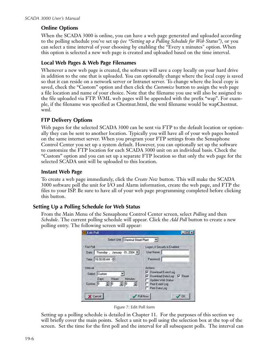 Online options, Ftp delivery options, Setting up a polling schedule for web status | Setting up a polling schedule for web status -6 | Sensaphone SCADA 3000 Users manual User Manual | Page 220 / 318