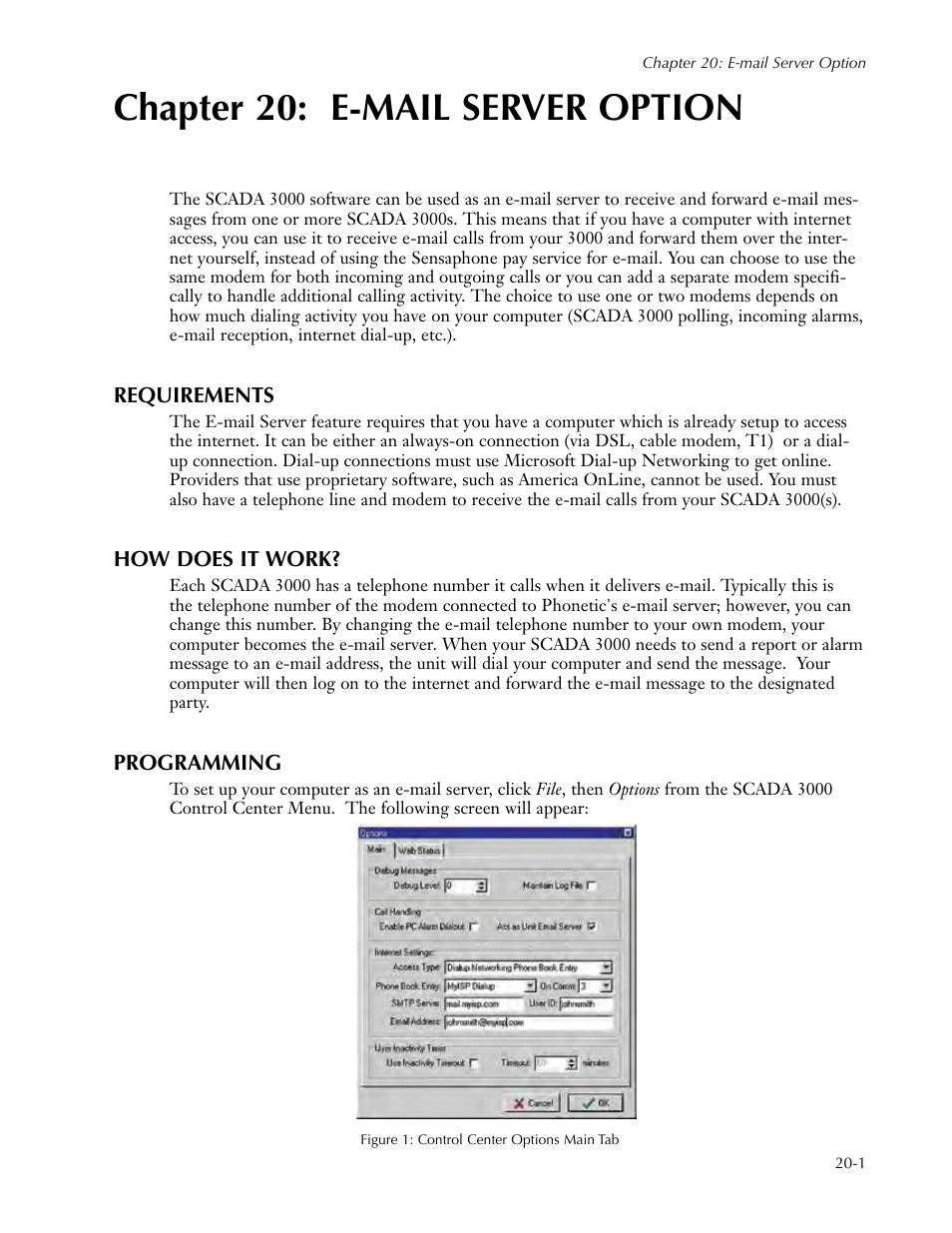 Chapter 20: e-mail server option, Requirements, How does it work | Programming, Chapter 20: e-mail server option -1 | Sensaphone SCADA 3000 Users manual User Manual | Page 223 / 318