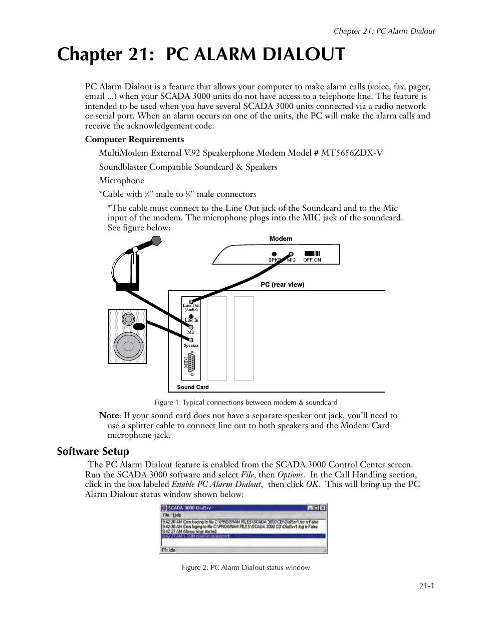 Chapter 21: pc alarm dialout, Software setup, Chapter 21: pc alarm dialout -1 | Software setup -1 | Sensaphone SCADA 3000 Users manual User Manual | Page 225 / 318