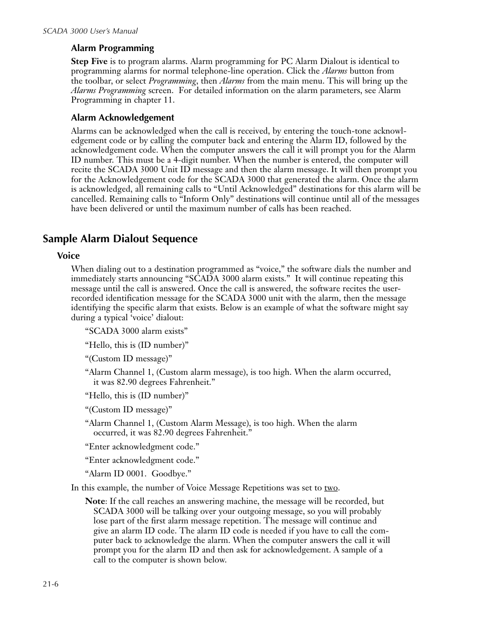 Alarm programming, Alarm acknowledgement, Sample alarm dialout sequence | Voice, Alarm programming -6 alarm acknowledgement -6, Sample alarm dialout sequence -6, Voice -6 | Sensaphone SCADA 3000 Users manual User Manual | Page 230 / 318