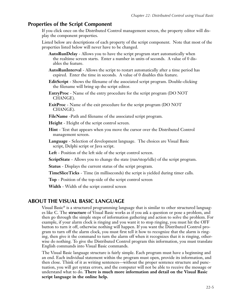 Properties of the script component, About the visual basic language | Sensaphone SCADA 3000 Users manual User Manual | Page 237 / 318