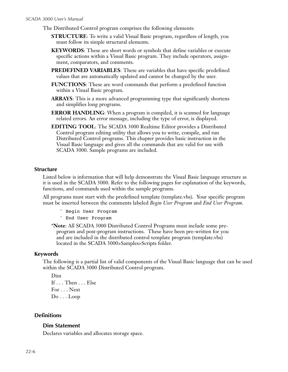 Structure, Keywords, Definitions | Dim statement, Structure -6 keywords -6 definitions -6, Dim statement -6 | Sensaphone SCADA 3000 Users manual User Manual | Page 238 / 318