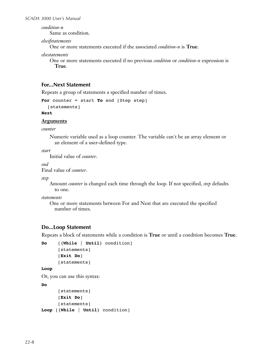 For...next statement, Do...loop statement, For...next statement -8 do...loop statement -8 | Sensaphone SCADA 3000 Users manual User Manual | Page 240 / 318
