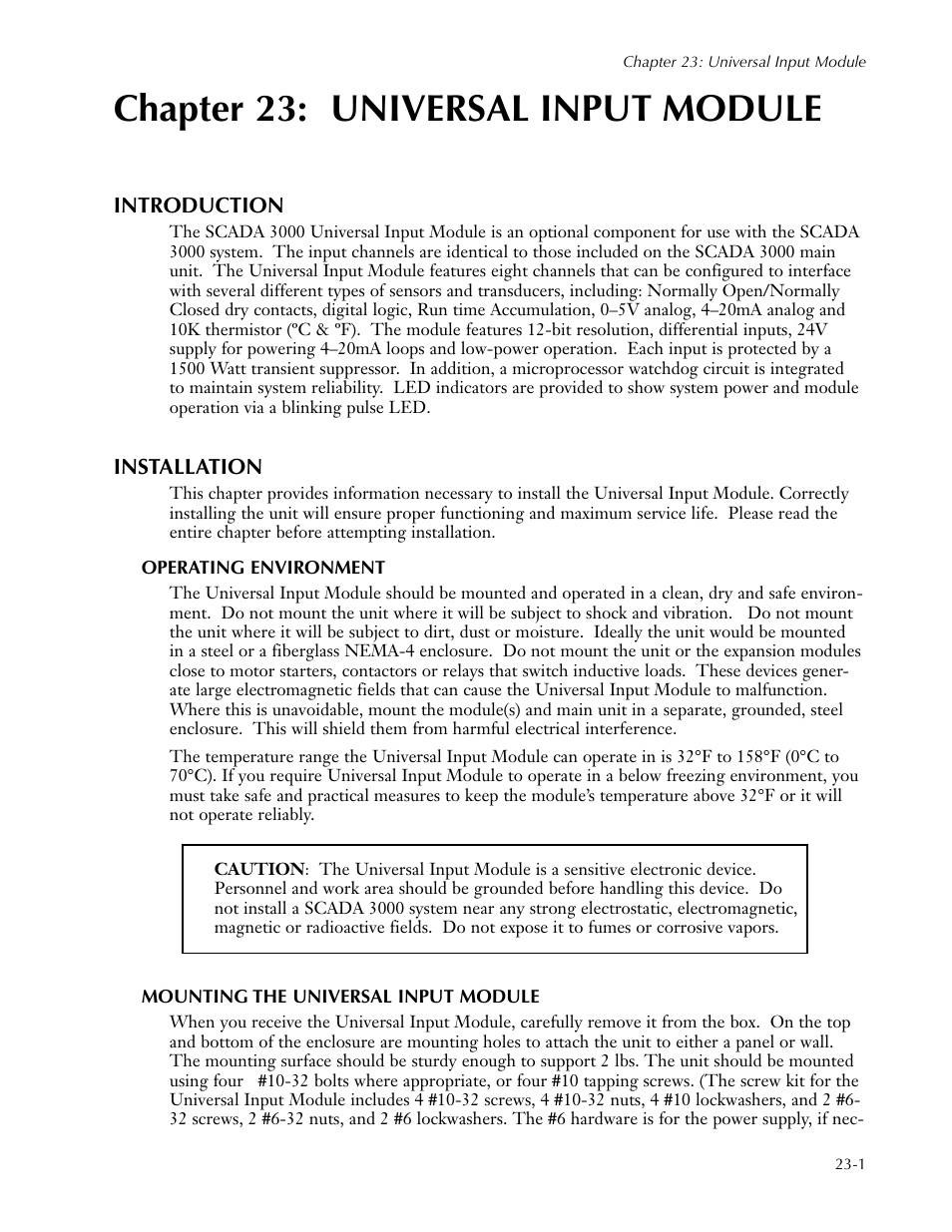 Chapter 23: universal input module, Introduction, Installation | Operating environment, Mounting the universal input module, Chapter 23: universal input module -1, Introduction -1 installation -1 | Sensaphone SCADA 3000 Users manual User Manual | Page 245 / 318