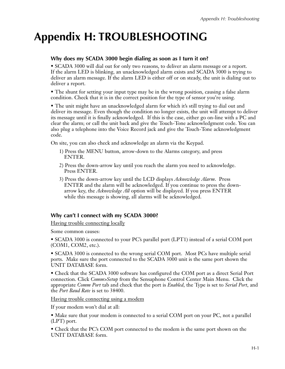 Appendix h: troubleshooting | Sensaphone SCADA 3000 Users manual User Manual | Page 293 / 318