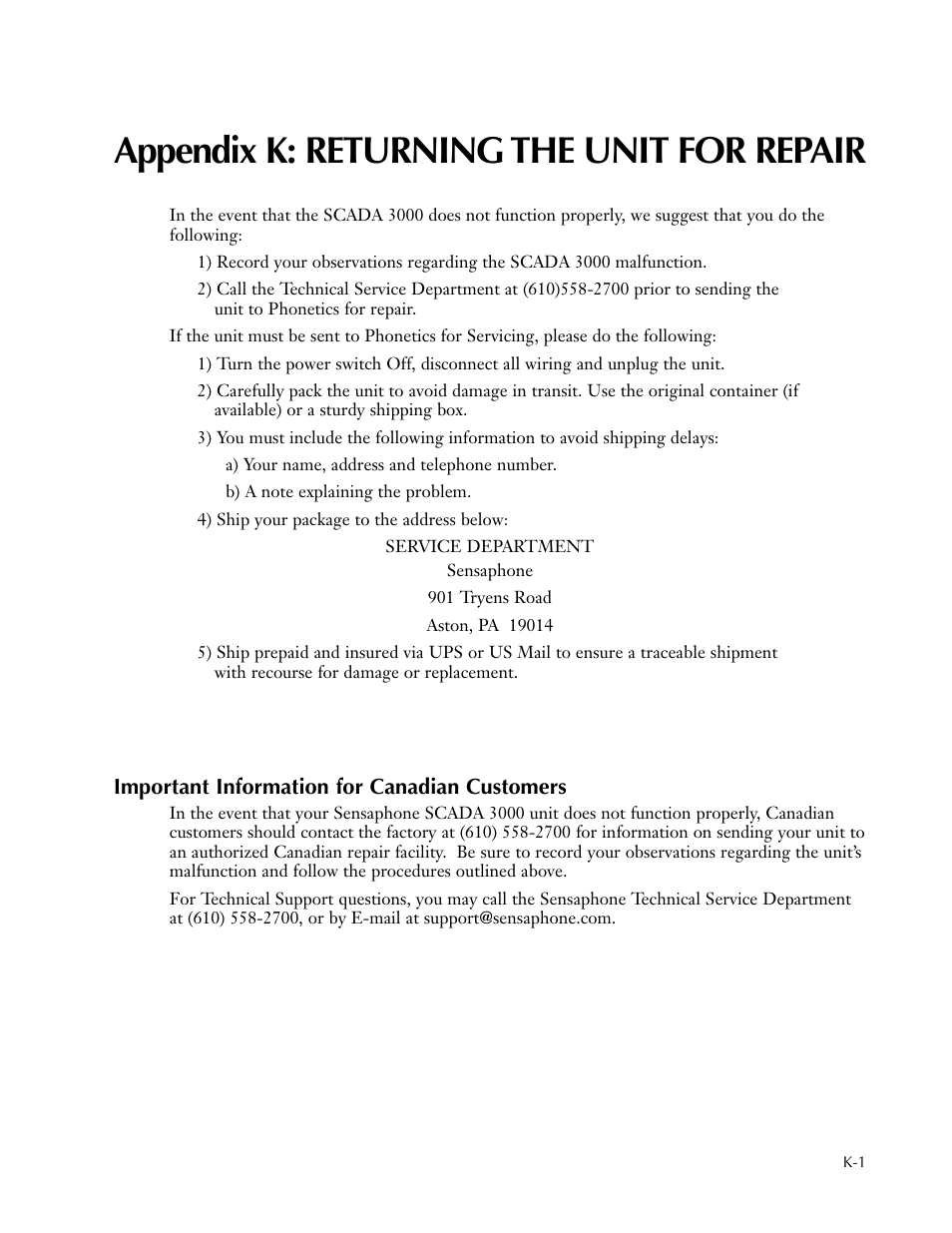 Appendix k: returning the unit for repair | Sensaphone SCADA 3000 Users manual User Manual | Page 303 / 318