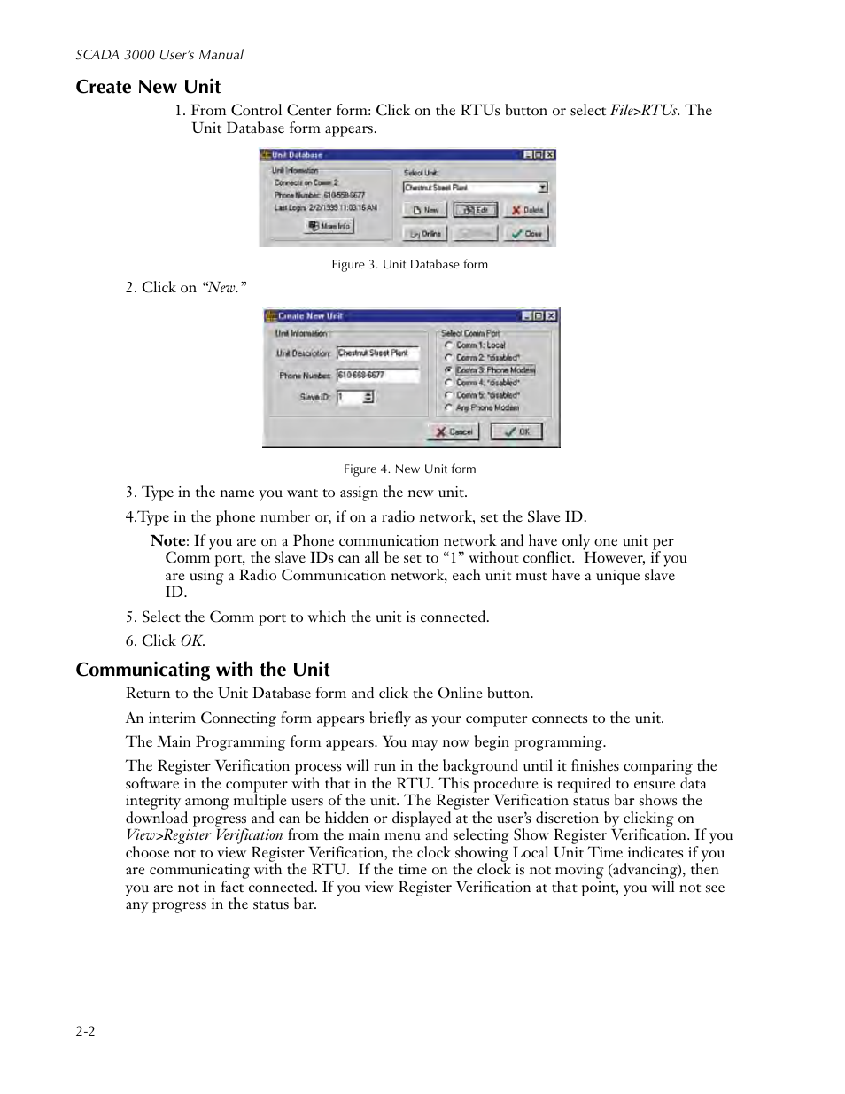 Create new unit, Communicating with the unit, Create new unit -2 communicating with the unit -2 | Sensaphone SCADA 3000 Users manual User Manual | Page 34 / 318