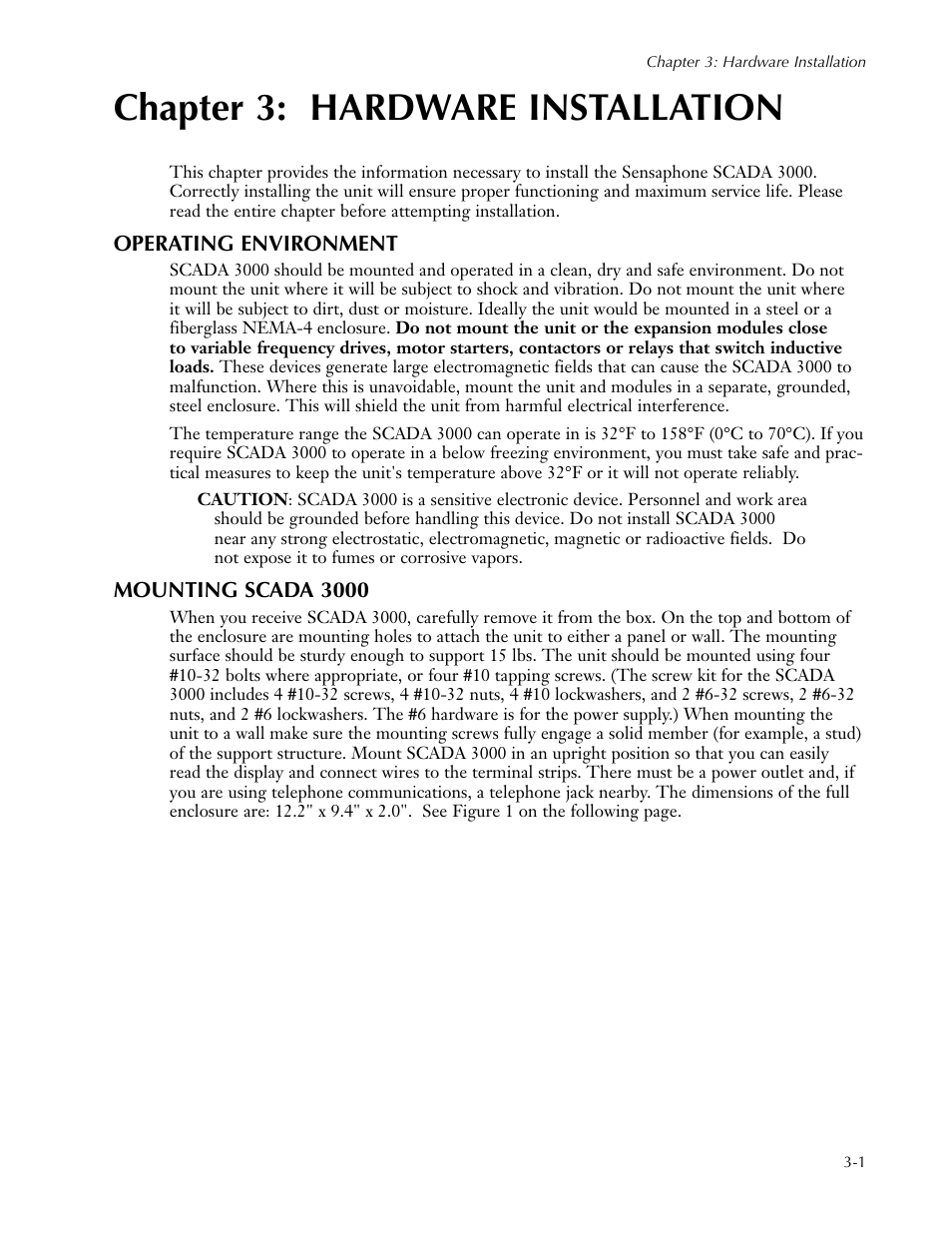 Chapter 3: hardware installation, Operating environment, Mounting scada 3000 | Chapter 3: hardware installation -1, Operating environment -1 mounting scada 3000 -1 | Sensaphone SCADA 3000 Users manual User Manual | Page 37 / 318