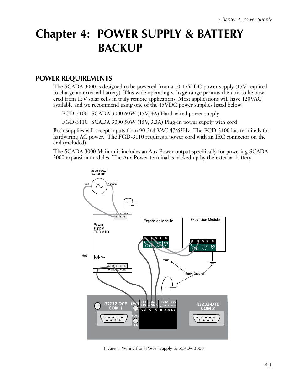 Installation of the modem card, Chapter 4: power supply & battery, Backup | Power requirements, Installation of the modem card -5, Chapter 4: power supply & battery backup -1, Power requirements -1, Chapter 4: power supply & battery backup | Sensaphone SCADA 3000 Users manual User Manual | Page 41 / 318