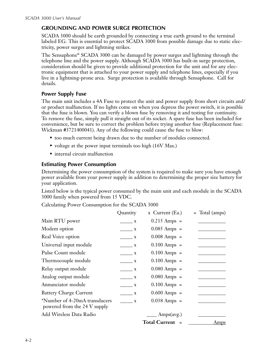 Voice board installation, Grounding and power surge protection, Power supply fuse | Estimating power consumption, Voice board installation -6 | Sensaphone SCADA 3000 Users manual User Manual | Page 42 / 318