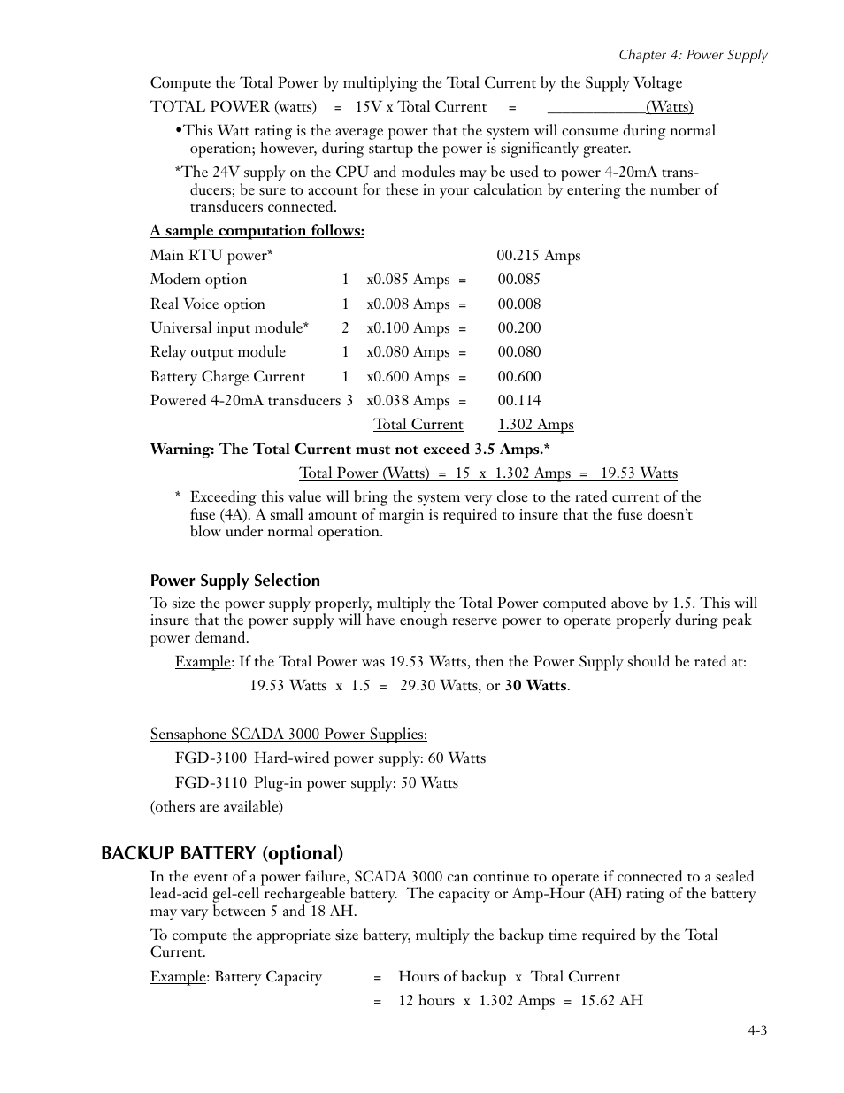 Installation, Power supply selection, Backup battery (optional) | Installation -7, Power supply selection -3, Backup battery (optional) -3 | Sensaphone SCADA 3000 Users manual User Manual | Page 43 / 318