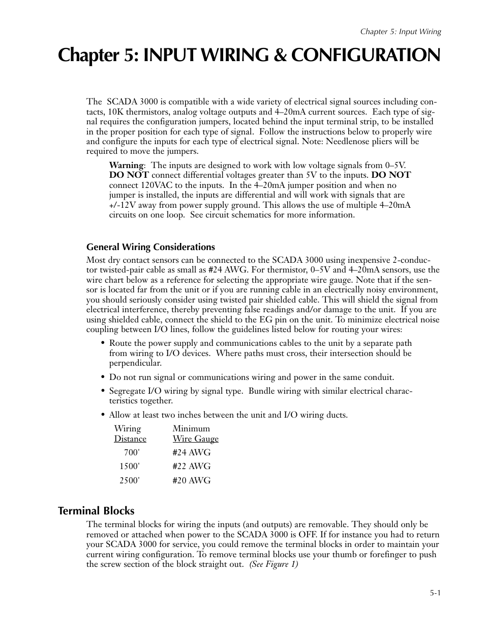 Chapter 5: input wiring & configuration, General wiring considerations, Terminal blocks | Chapter 5: input wiring & configuration -1, General wiring considerations -1, Terminal blocks -1 | Sensaphone SCADA 3000 Users manual User Manual | Page 47 / 318