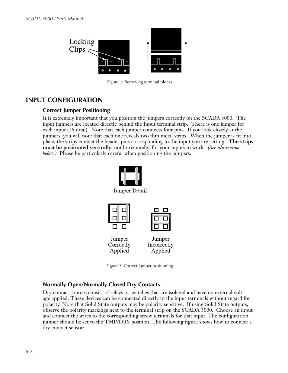 Input configuration, Correct jumper positioning, Normally open/normally closed dry contacts | Input configuration -2 | Sensaphone SCADA 3000 Users manual User Manual | Page 48 / 318