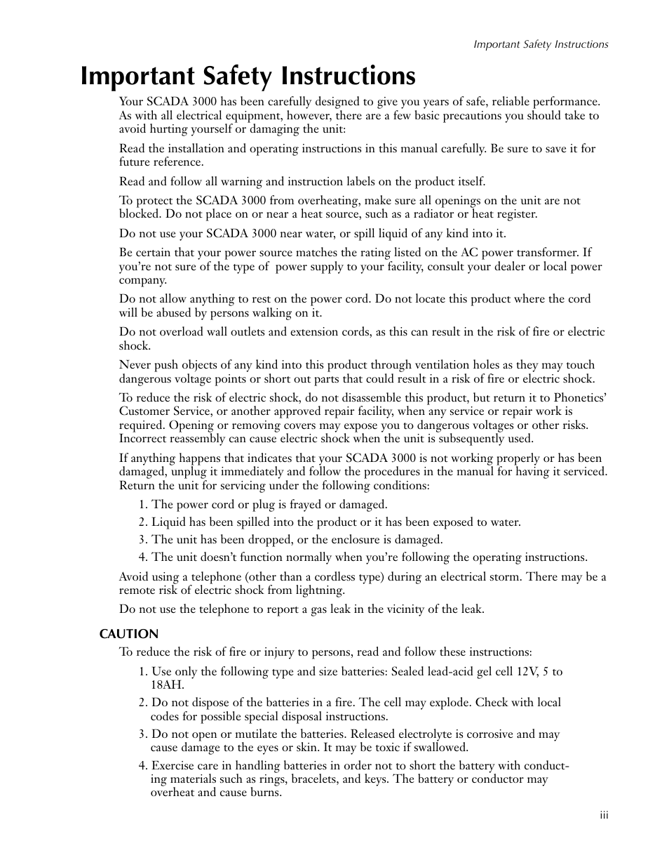 Important safety instructions, Caution | Sensaphone SCADA 3000 Users manual User Manual | Page 5 / 318