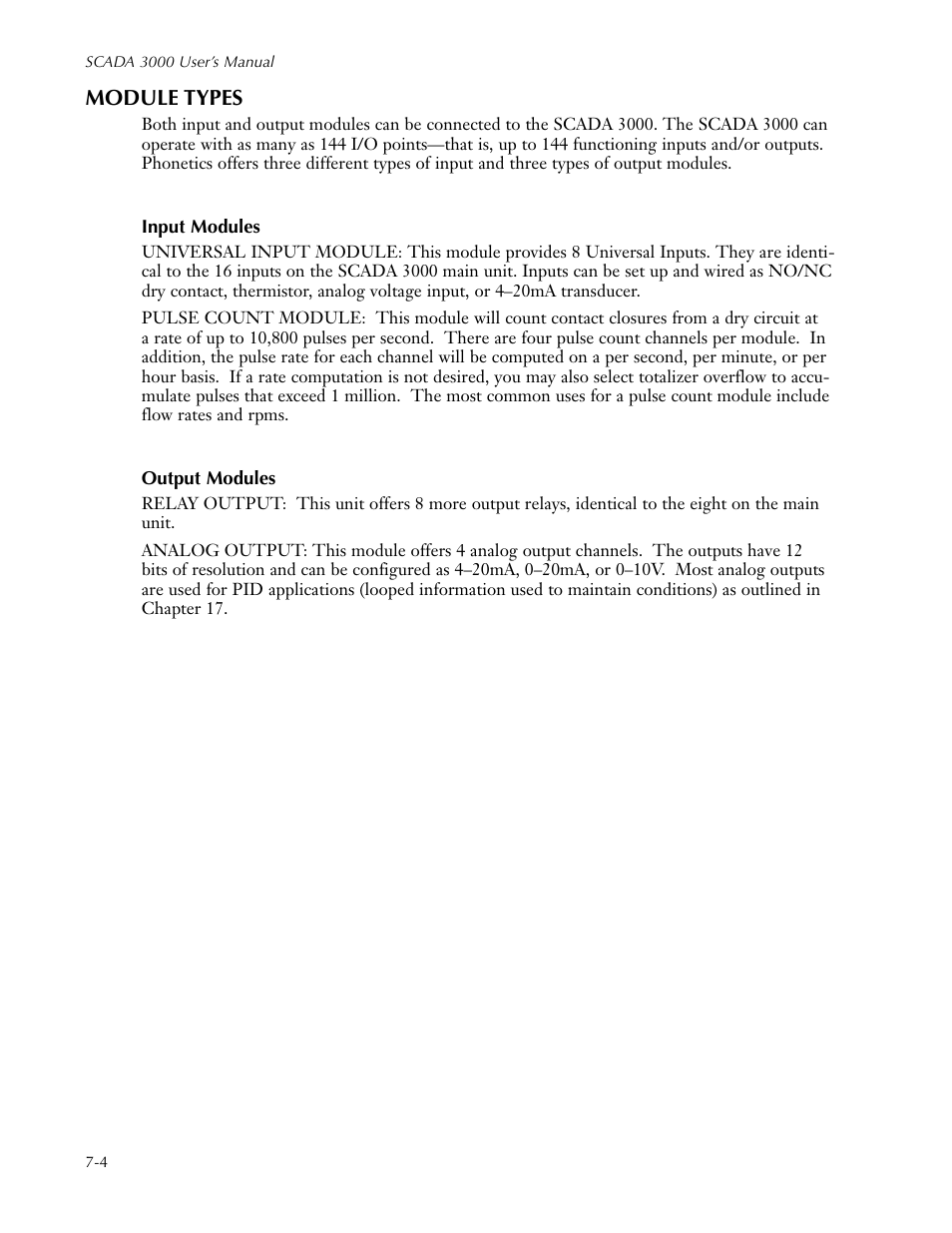 Module types, Input modules, Output modules | Module types -4, Input modules -4 output modules -4 | Sensaphone SCADA 3000 Users manual User Manual | Page 58 / 318