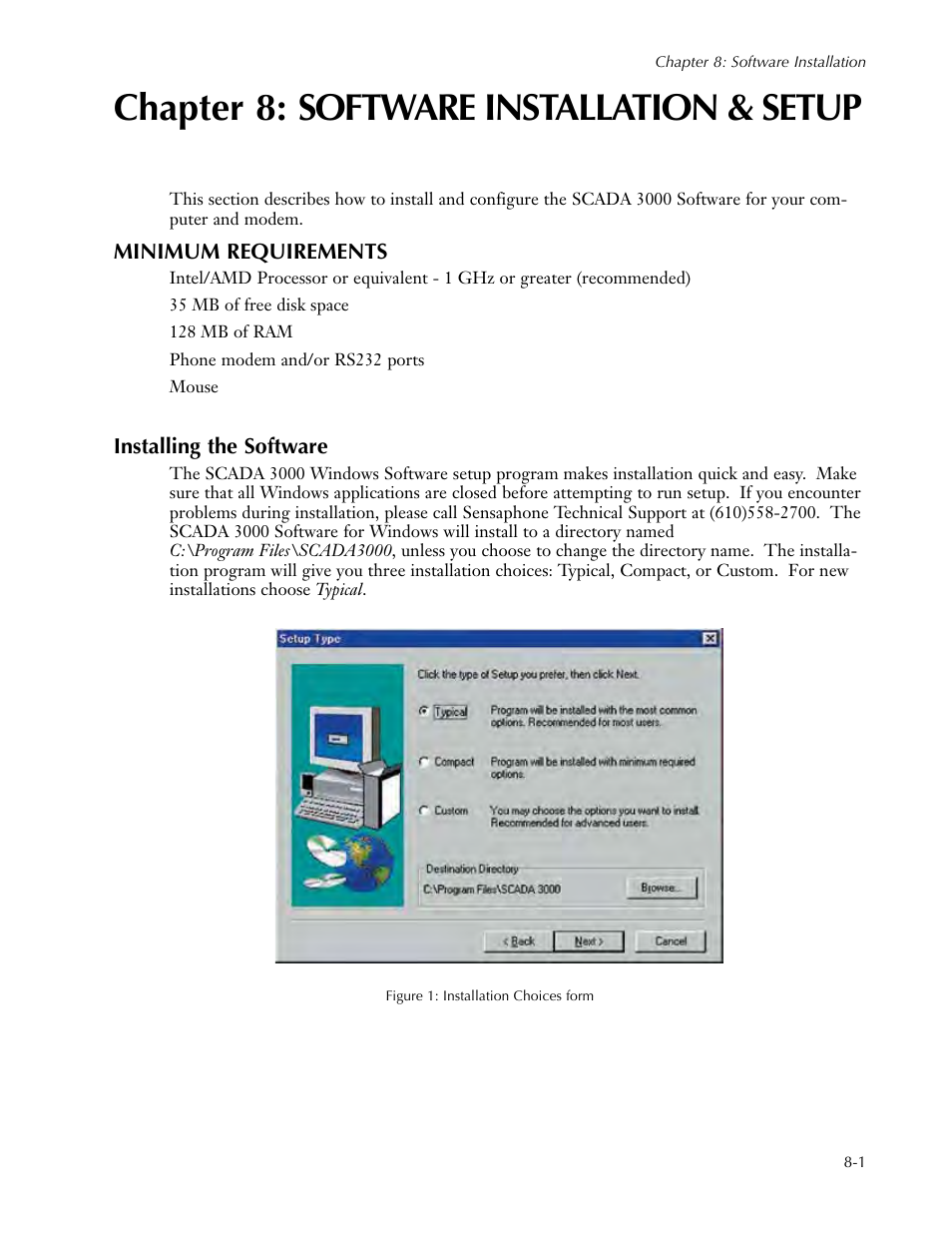 Chapter 8: software installation & setup, Minimum requirements, Installing the software | Chapter 8: software installation & setup -1, Minimum requirements -1 installing the software -1 | Sensaphone SCADA 3000 Users manual User Manual | Page 59 / 318