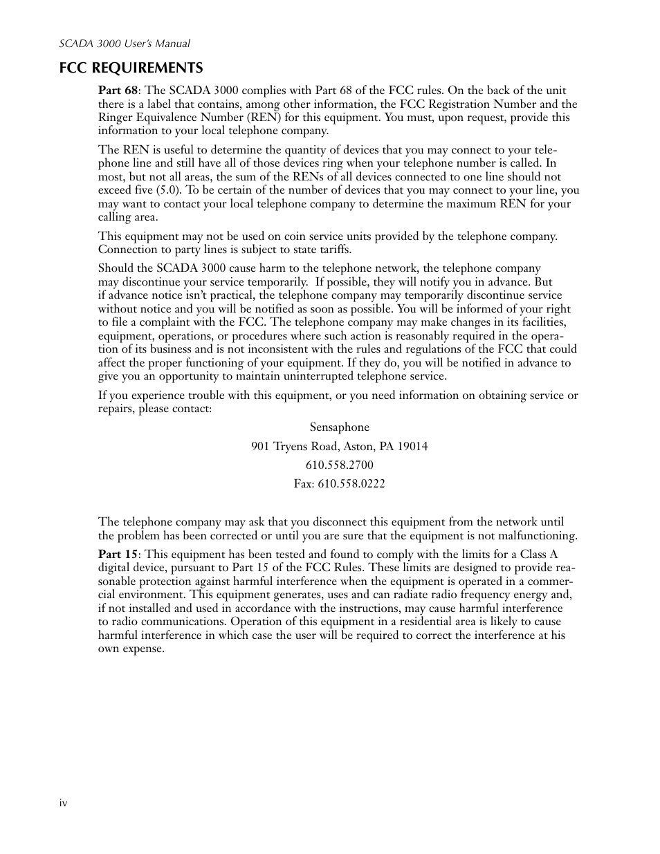 Fcc requirements | Sensaphone SCADA 3000 Users manual User Manual | Page 6 / 318