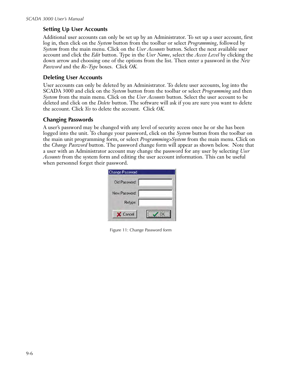 Setting up user accounts, Deleting user accounts, Changing passwords | Radio vs. phone communication, Radio vs. phone communication -6 | Sensaphone SCADA 3000 Users manual User Manual | Page 66 / 318