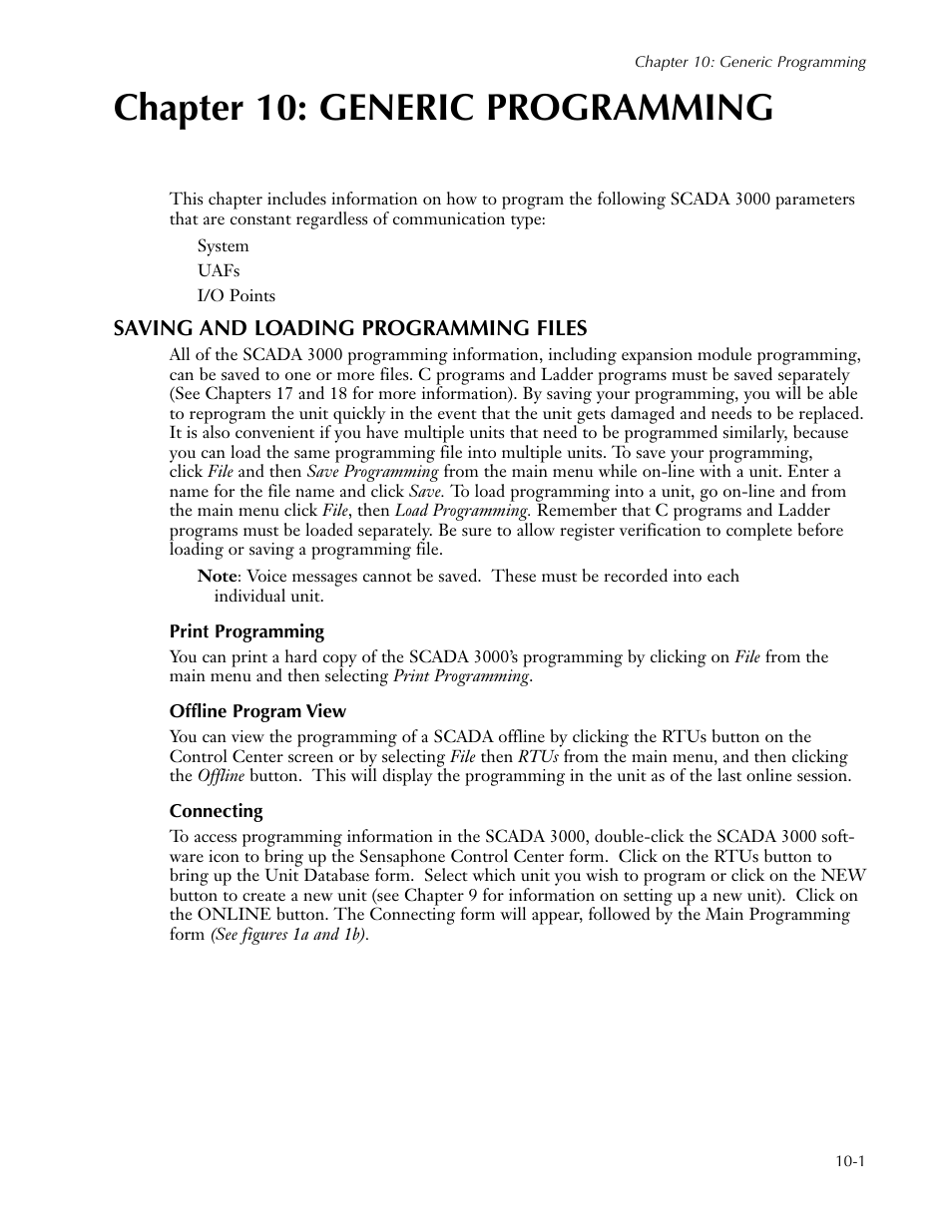 Chapter 10: generic programming, Saving and loading programming files, Print programming | Offline program view, Connecting, Chapter 10: generic programming -1, Saving and loading programming files -1 | Sensaphone SCADA 3000 Users manual User Manual | Page 69 / 318