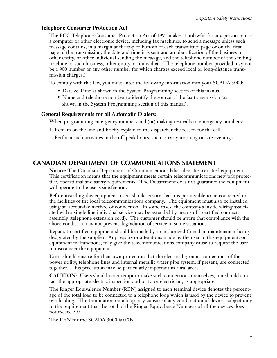 Telephone consumer protection act, General requirements for all automatic dialers, Canadian department of communications statement | Sensaphone SCADA 3000 Users manual User Manual | Page 7 / 318