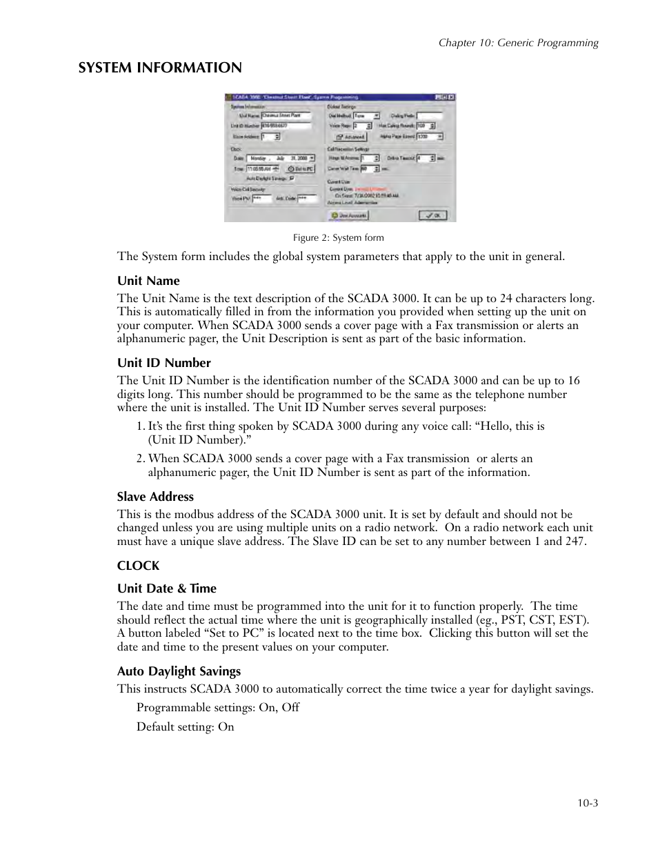 System information, Unit name, Unit id number | Slave address, Clock, Unit date & time, Auto daylight savings, System information -3 | Sensaphone SCADA 3000 Users manual User Manual | Page 71 / 318