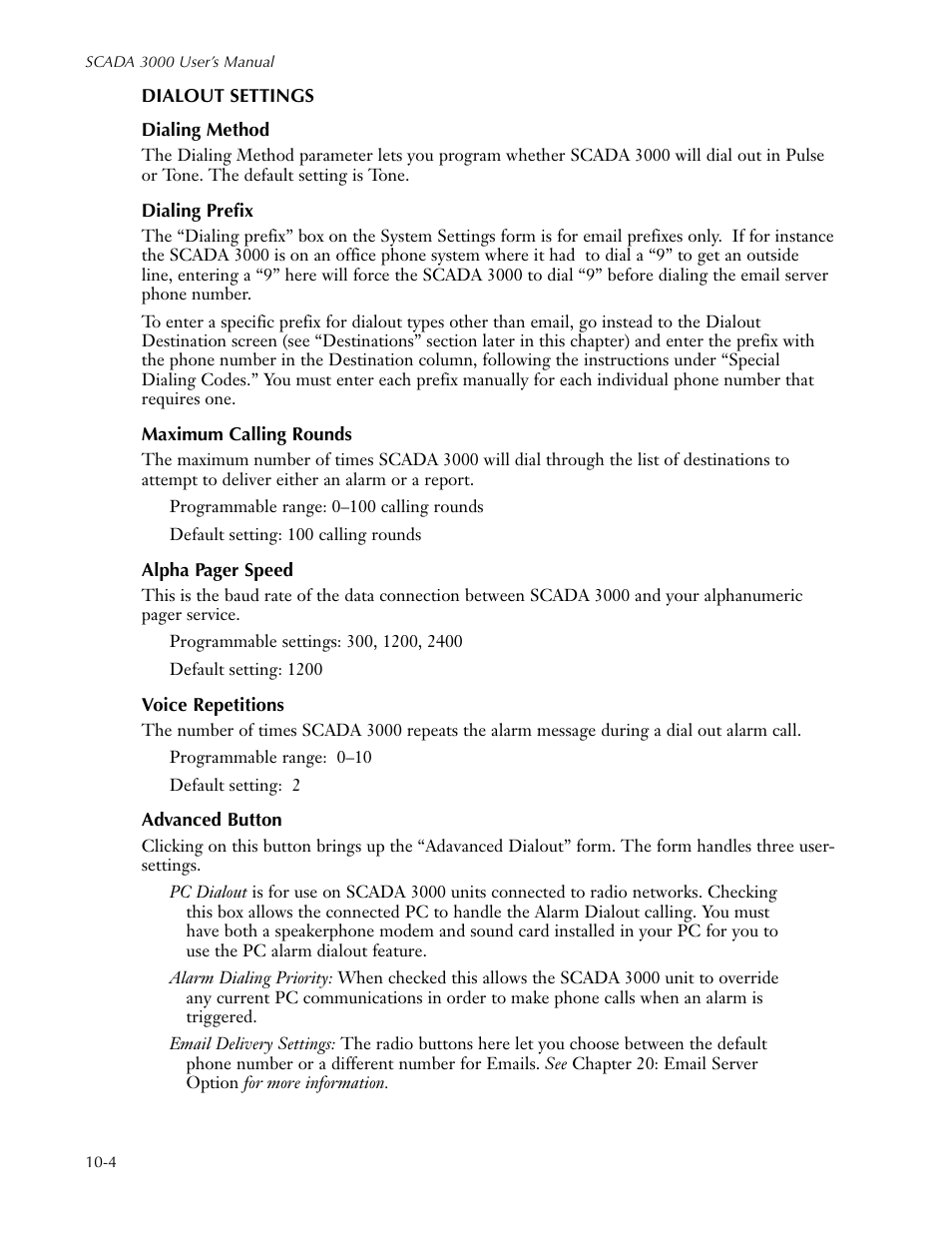 Dialout settings, Dialing method, Dialing prefix | Maximum calling rounds, Voice repetitions, Advanced button | Sensaphone SCADA 3000 Users manual User Manual | Page 72 / 318