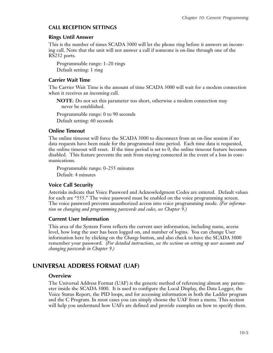 Call reception settings, Rings until answer, Carrier wait time | Online timeout, Voice call security, Current user information, Universal address format (uaf), Overview, Universal address format (uaf) -5, Overview -5 | Sensaphone SCADA 3000 Users manual User Manual | Page 73 / 318