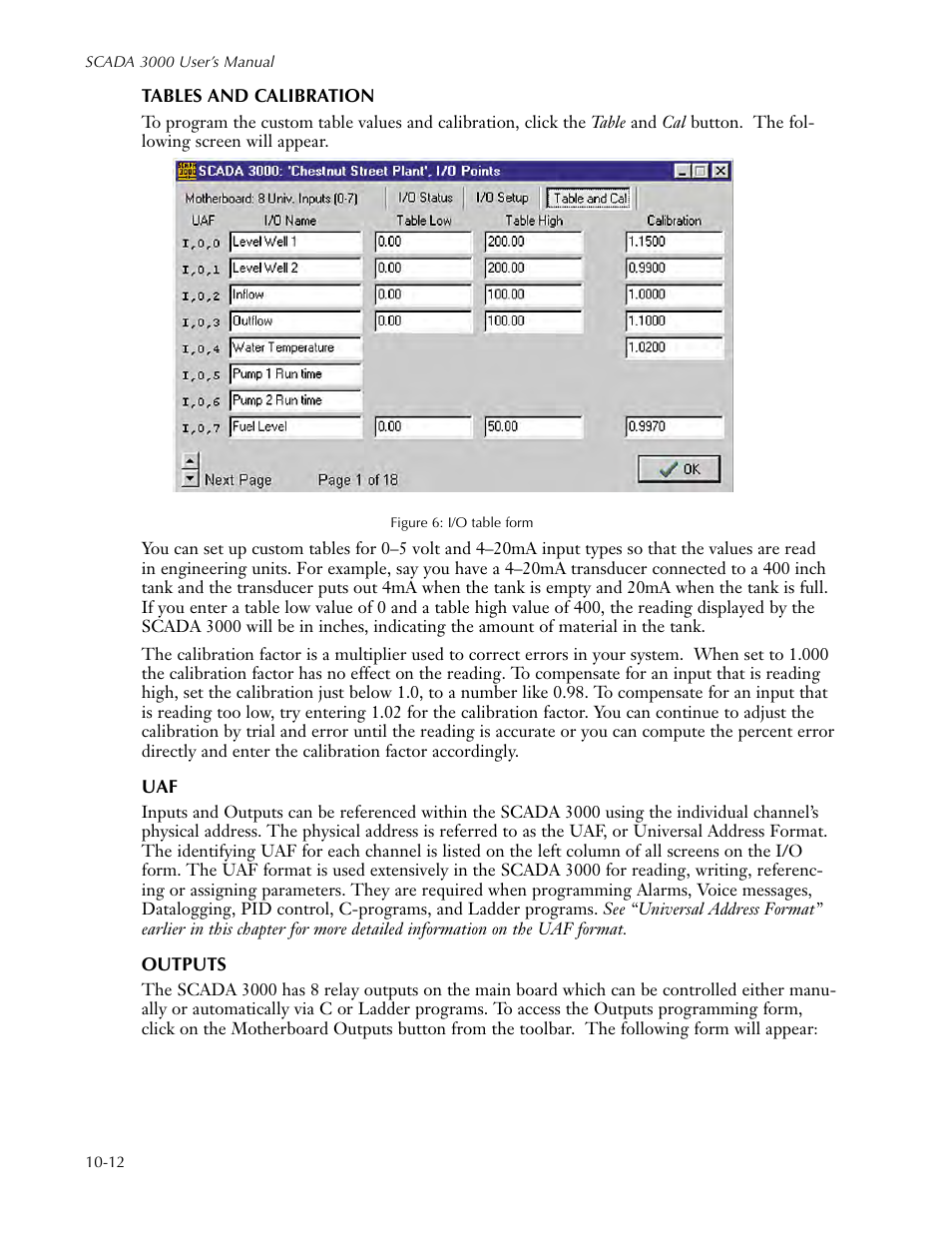 Tables and calibration, Outputs, Tables and calibration -12 uaf -12 outputs -12 | Sensaphone SCADA 3000 Users manual User Manual | Page 80 / 318